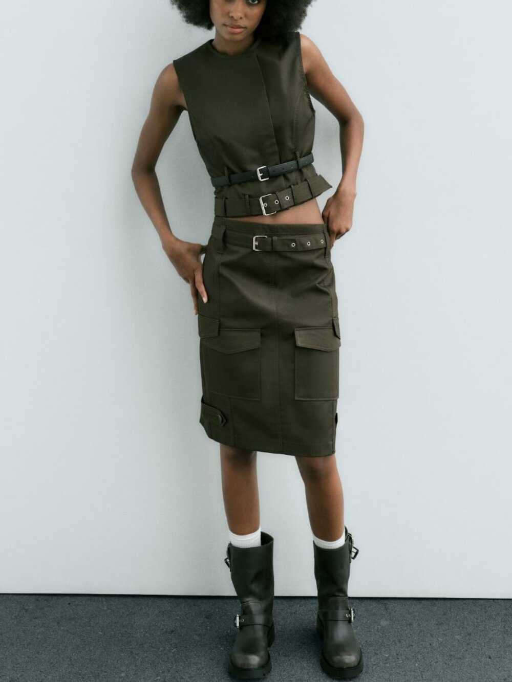 NWT ZARA Set - Belted Vest & Midi Cargo Pocket Pencil Skirt Utility Khaki Cotton